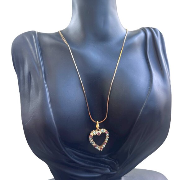 Accents by Hallmark Vintage Gold Tone Heart Pendant With Multicolor Rhinestones - Picture 1 of 7